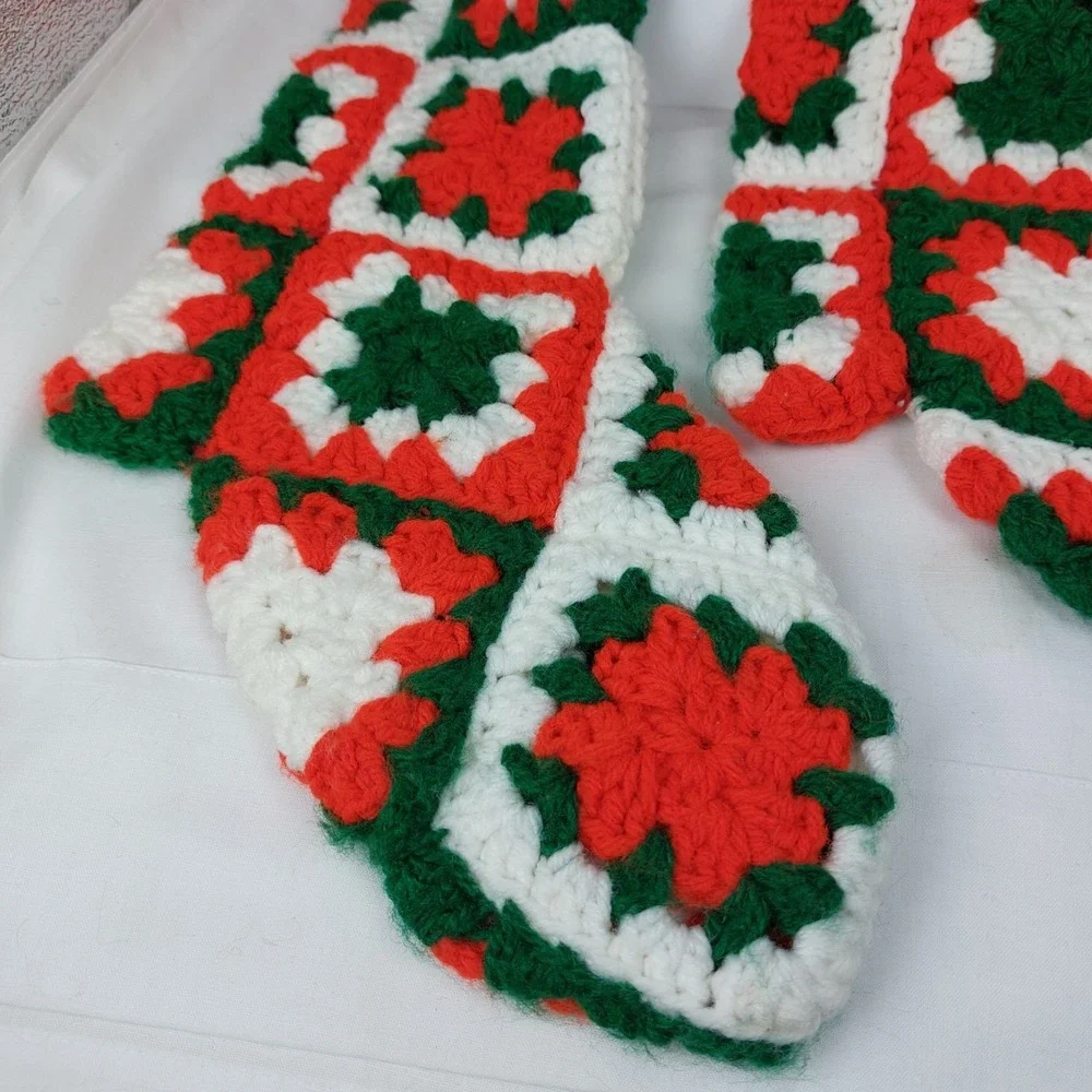 Set of Two Crocheted Granny Square Green Red White Christmas Stocking 16